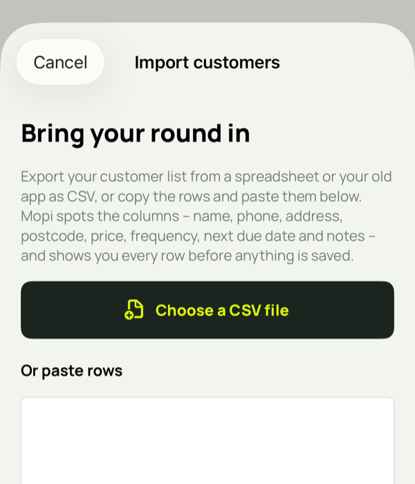 Import customers screen: choose a CSV file or paste rows